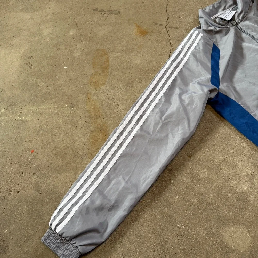 Adidas Track Jacket Mens Small Gray Blue Climalite Full Zip 3 Stripe RN 88387